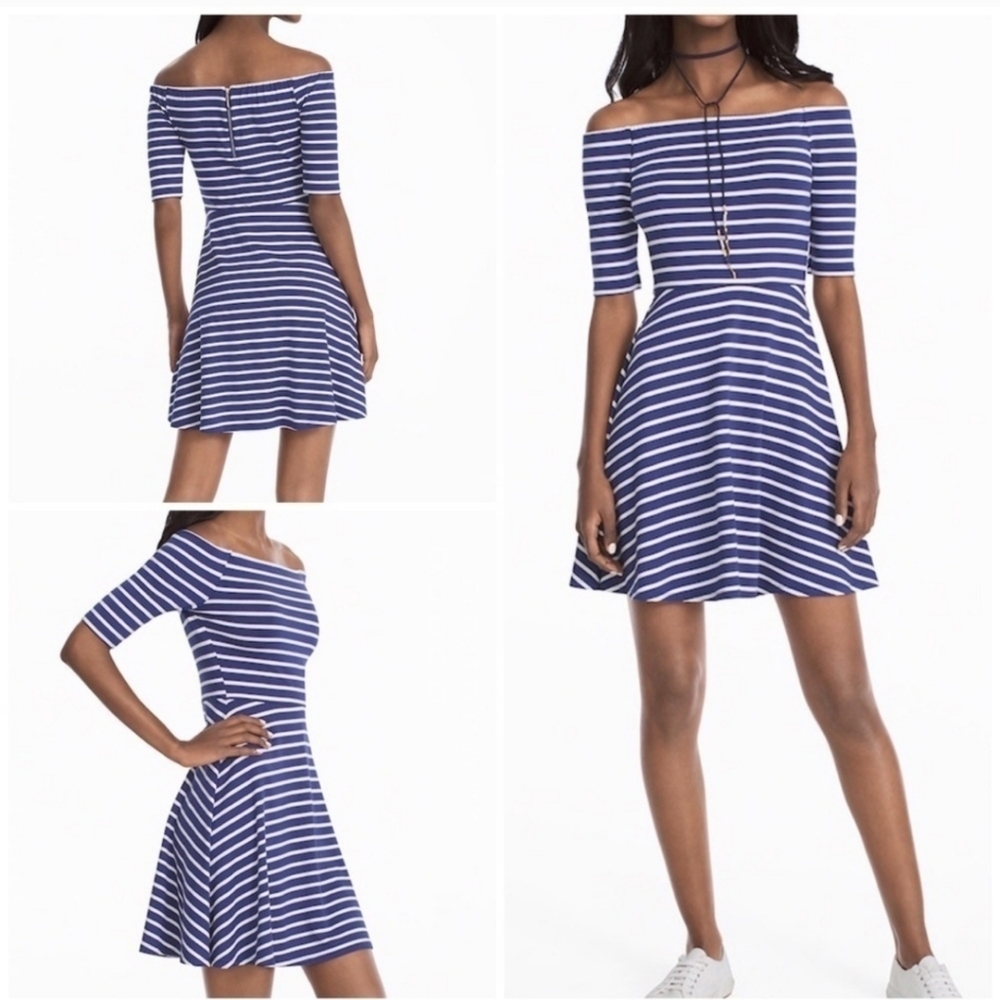 White House Black Market Off The Shoulder Striped Dress Blue White size Medium